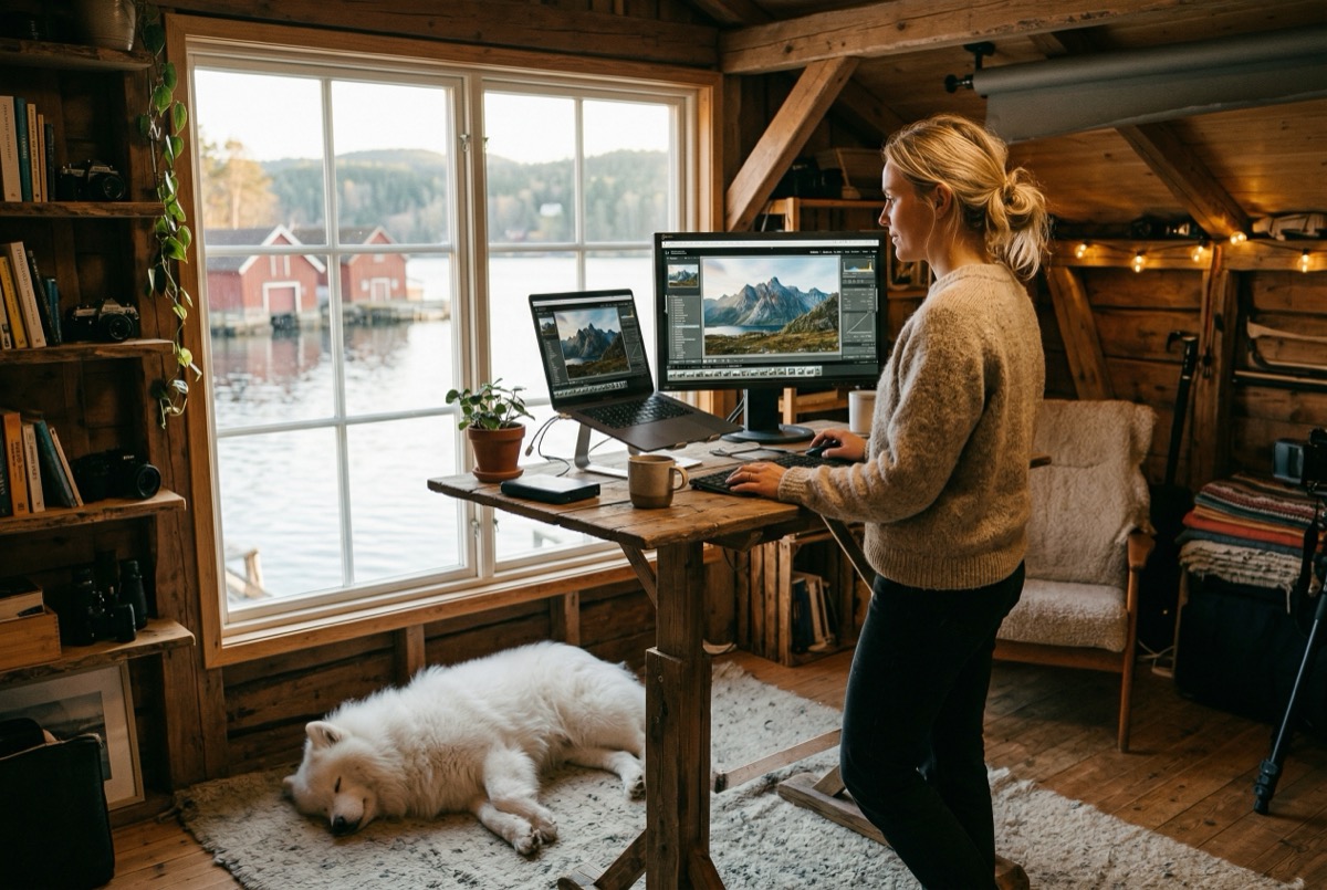 Maren Solvik with Pixel the Samoyed in their Trondheim studio