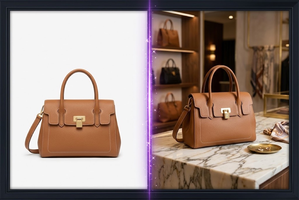 Product photo with background changed to different scenes using Scene Shift