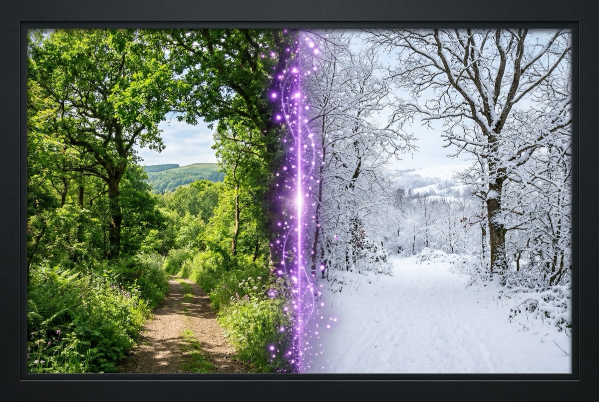 Landscape photo transformed from summer to winter using the Season Swap spell